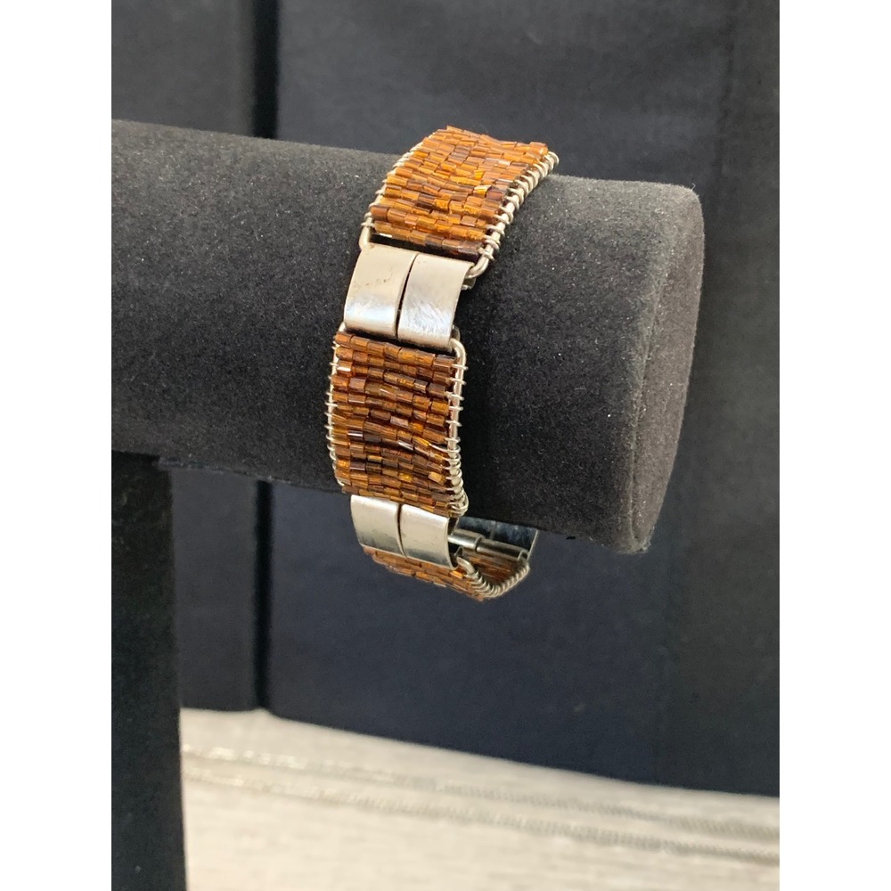 Handmade Amber Bugle Bead Wire Wrapped Panel Bracelet Silver Tone Toggle 7 In